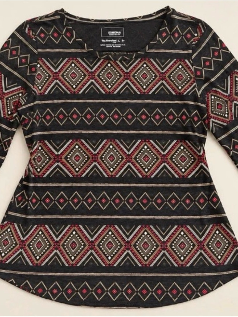 Sonoma Gray/Black Long Sleeve Top with Red & Cream Geometric Pattern